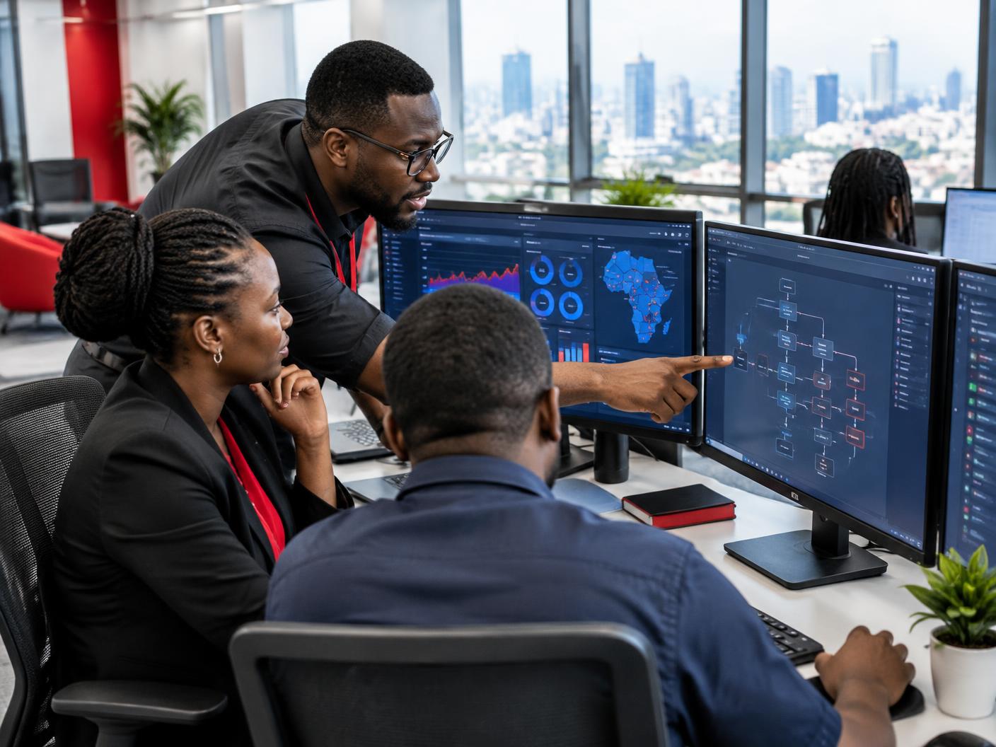 African operations team reviewing an automation workflow and business dashboard
