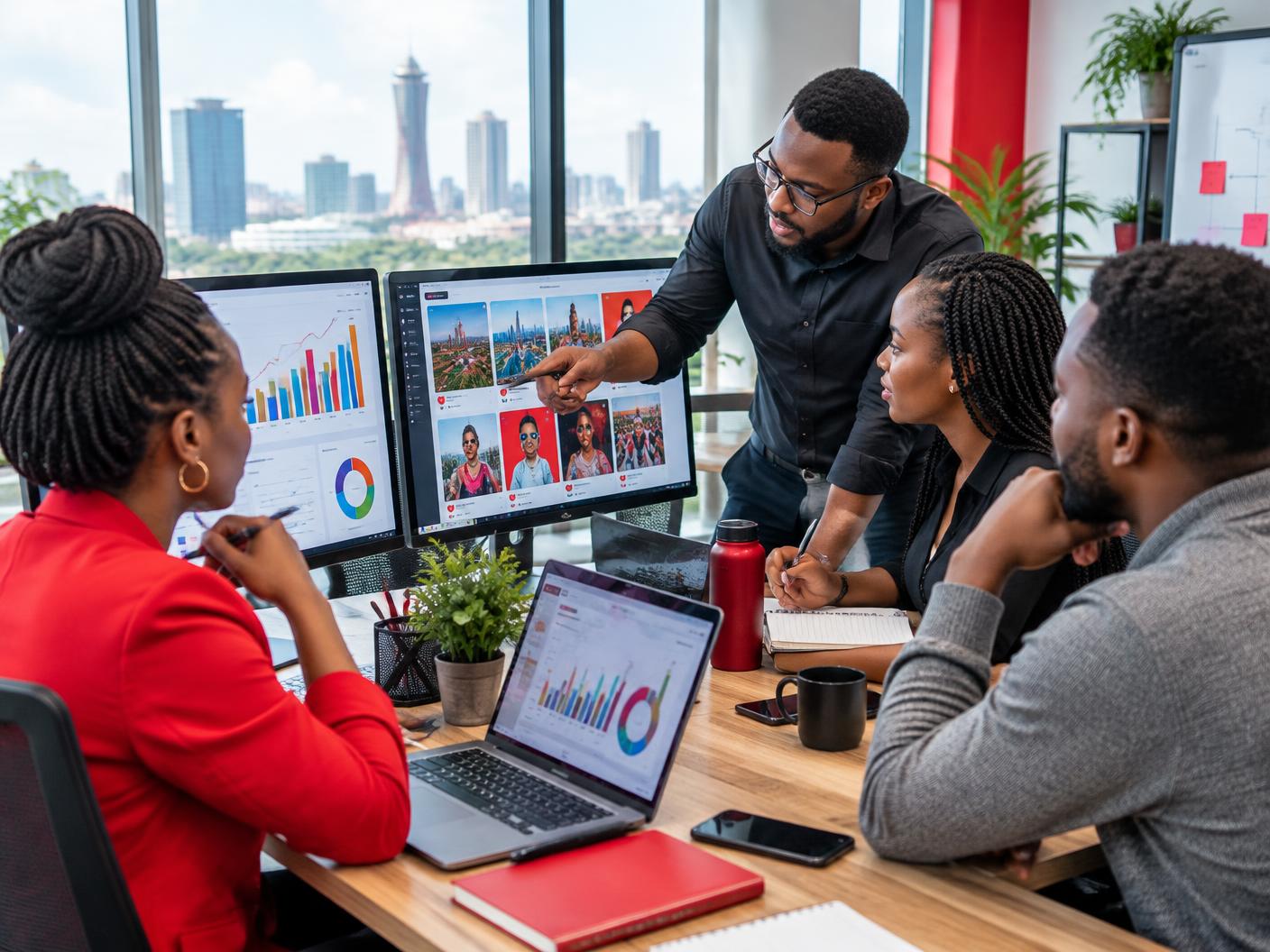 African digital marketing team planning a campaign using analytics screens